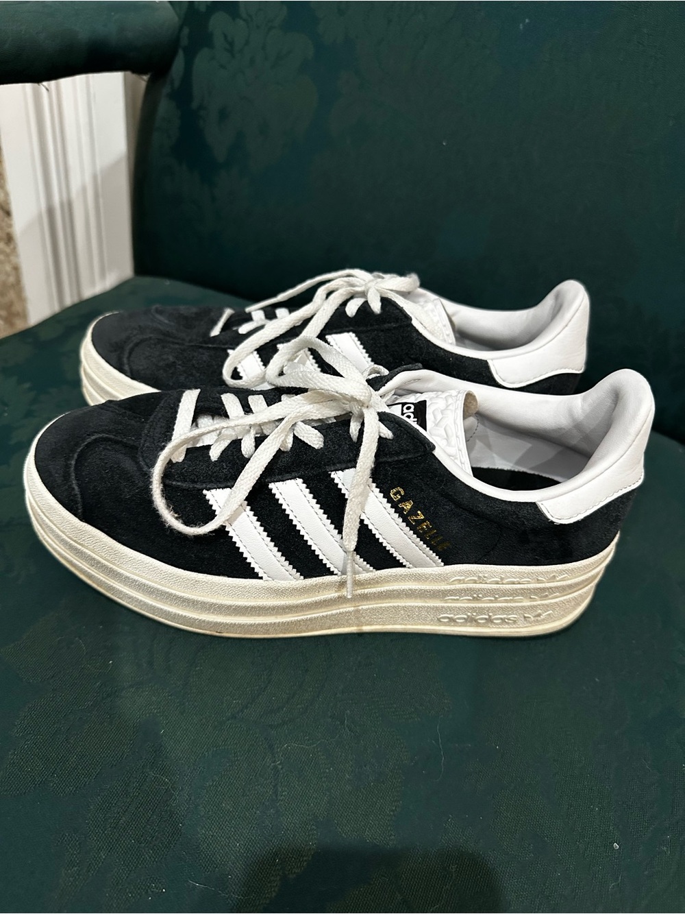 Adidas Gazelle Platform Sneakers in Black and White with Gold Accent